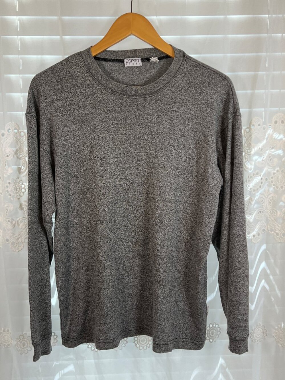 Vintage Mens XL Esprit Sport Heathered Grey Black Long Sleeve Casual Crew Shirt